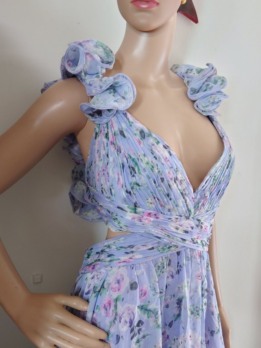 Mac Duggal Pastel Purple Chiffon gown with multi coloured floral print Sz 12